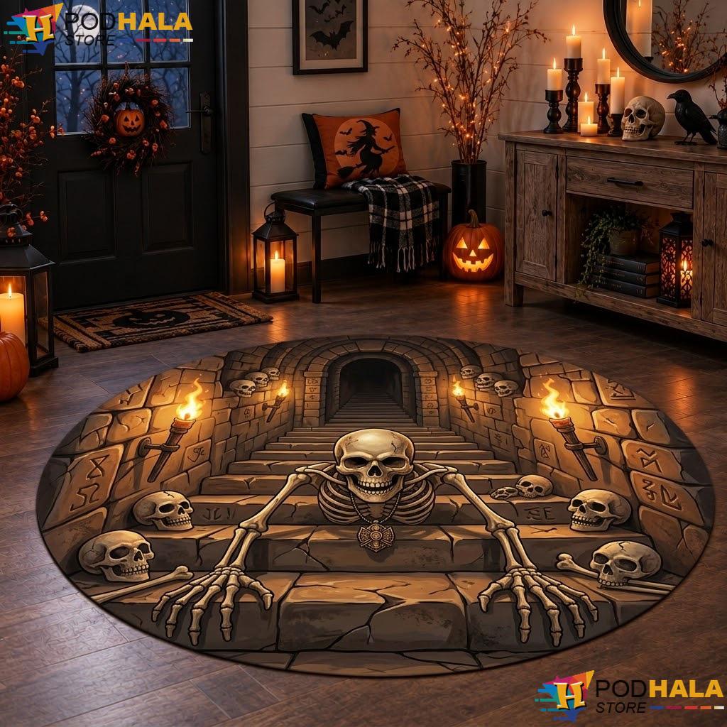 Haunted Dungeon Skeleton Halloween Round Area Rug Black Orange Skull