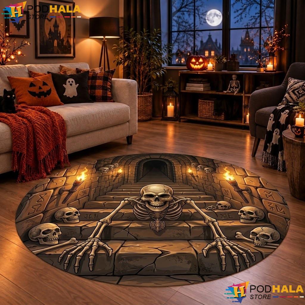 Haunted Dungeon Skeleton Halloween Round Area Rug Black Orange Skull - View 1 Haunted Dungeon Skeleton Halloween Round Area Rug Black Orange Skull - View 1