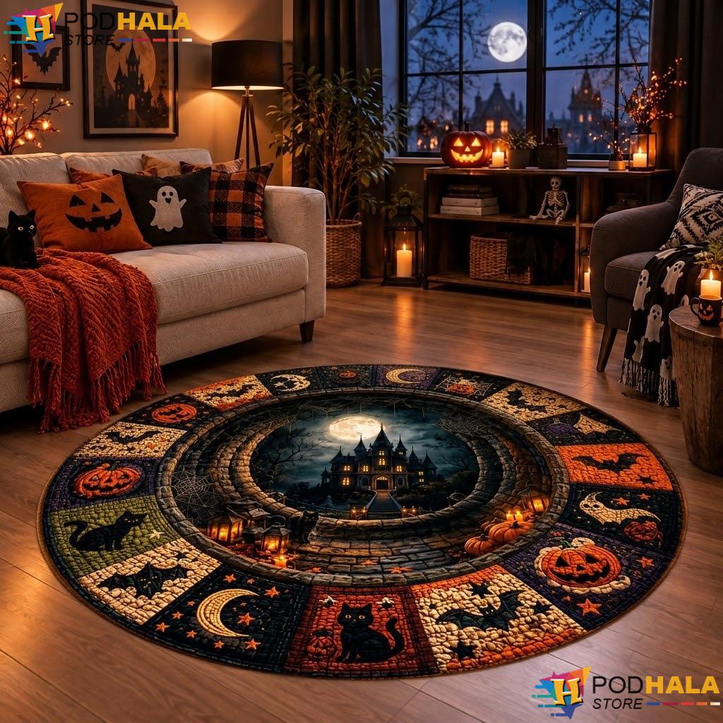 Haunted Mansion Moon Halloween Round Area Rug Spooky Quilted Circle Mat