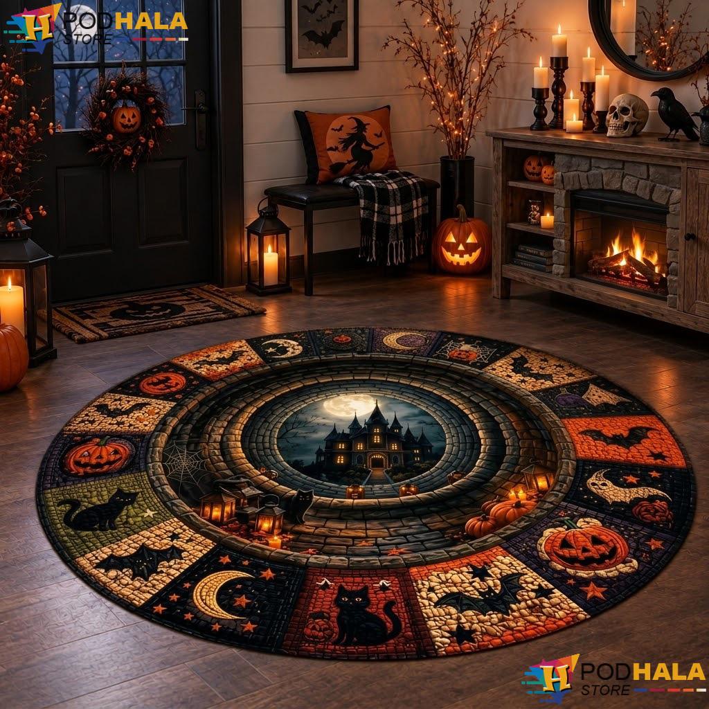 Haunted Mansion Moon Halloween Round Area Rug Spooky Quilted Circle Mat - View 1 Haunted Mansion Moon Halloween Round Area Rug Spooky Quilted Circle Mat - View 1