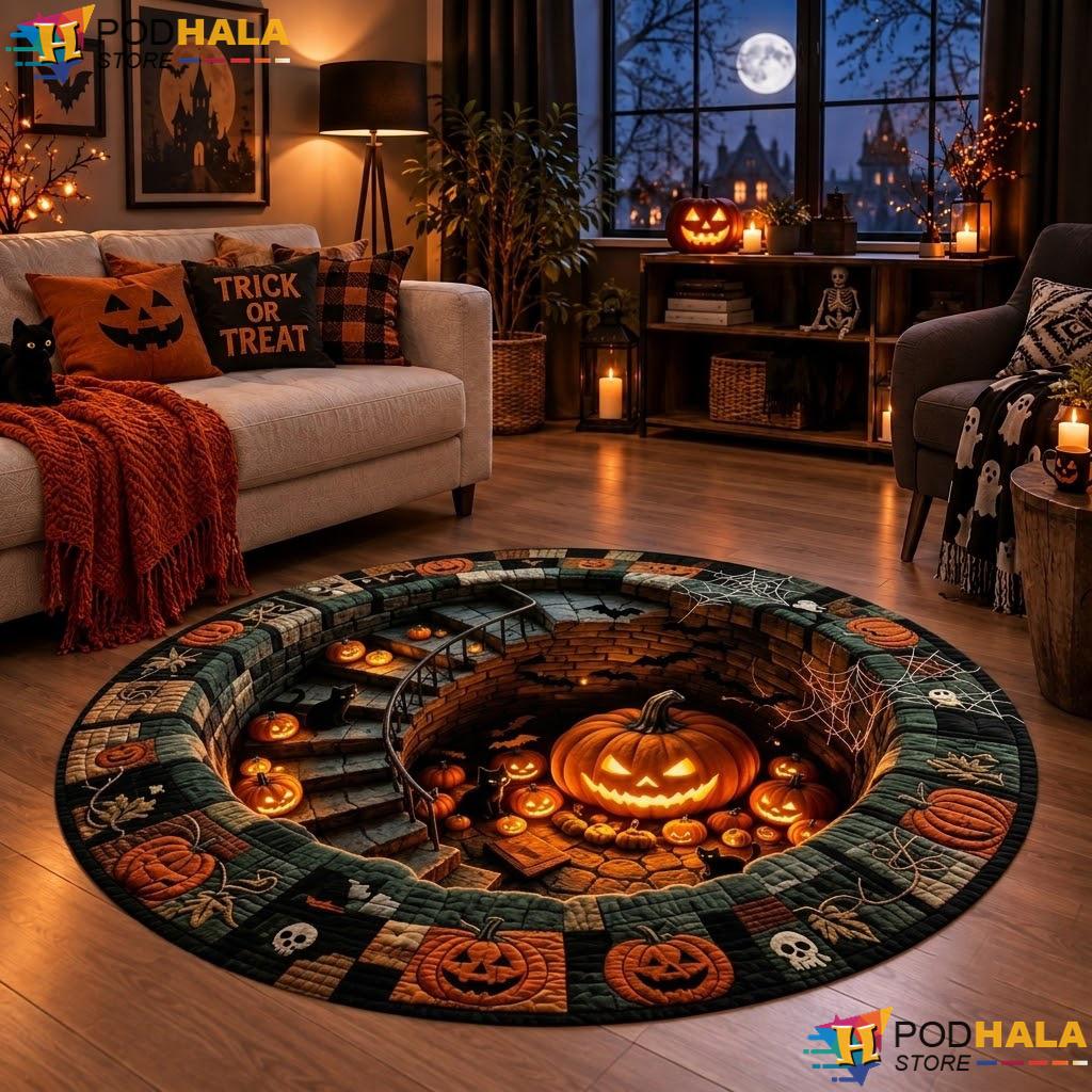 Haunted Staircase Ghost Halloween Round Area Rug 3D Spooky Quilted Decor