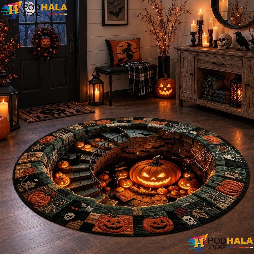 Haunted Staircase Ghost Halloween Round Area Rug 3D Spooky Quilted Decor - View 1 Haunted Staircase Ghost Halloween Round Area Rug 3D Spooky Quilted Decor - View 1