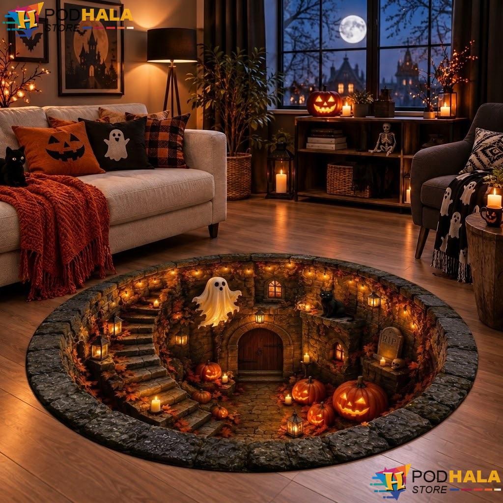 Haunted Well Skeleton Halloween Round Area Rug 3D Ghost Black Cat Cellar