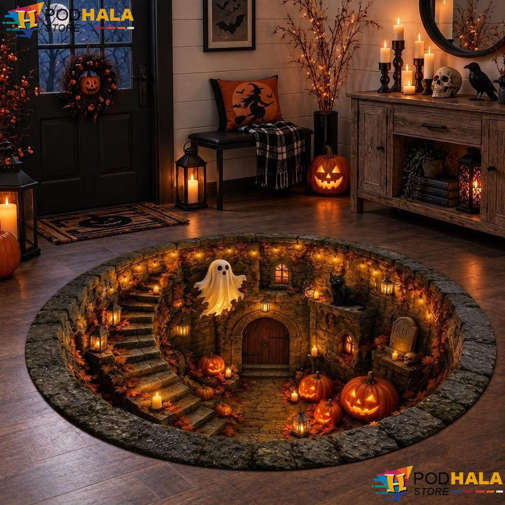 Haunted Well Skeleton Halloween Round Area Rug 3D Ghost Black Cat Cellar - View 1 Haunted Well Skeleton Halloween Round Area Rug 3D Ghost Black Cat Cellar - View 1