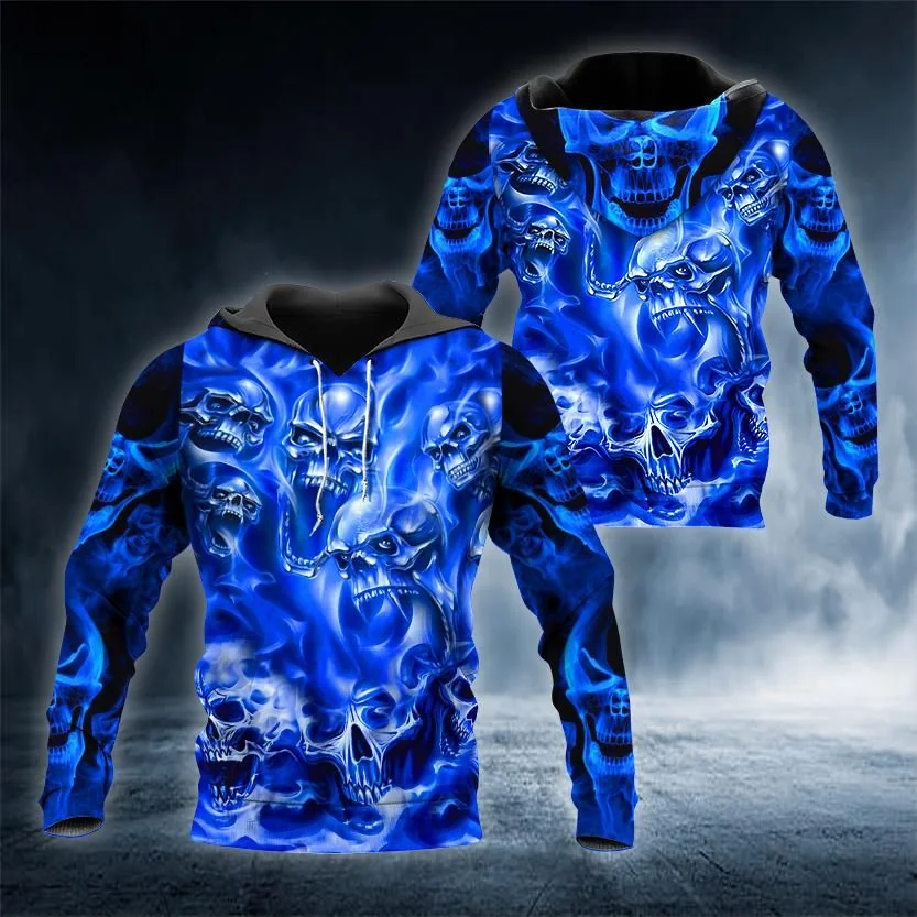 Haunting Blue Ghost Skull 3d Hoodie With Swirling Flames Design