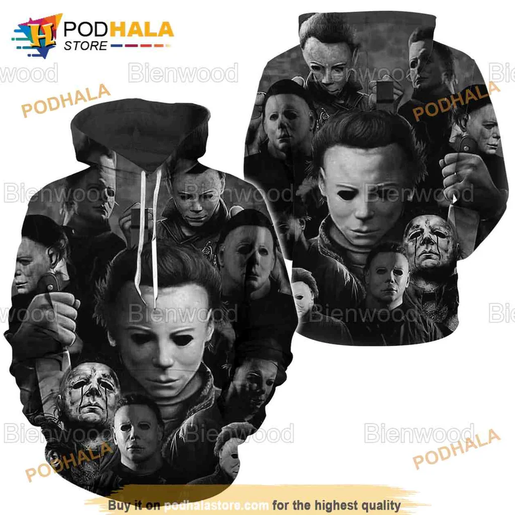 Haunting Michael Myers Face 3d Hoodie With Eerie Collage Design
