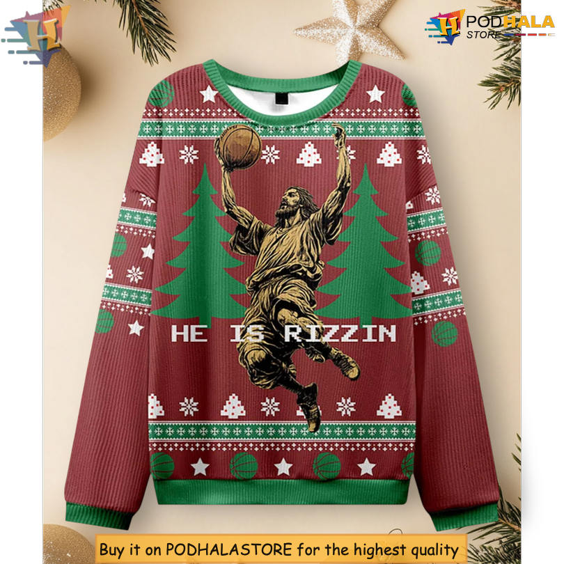 He Is Rizzin Meme Humor Trendy Online Quote Scene Graphic Party Xmas Sweater