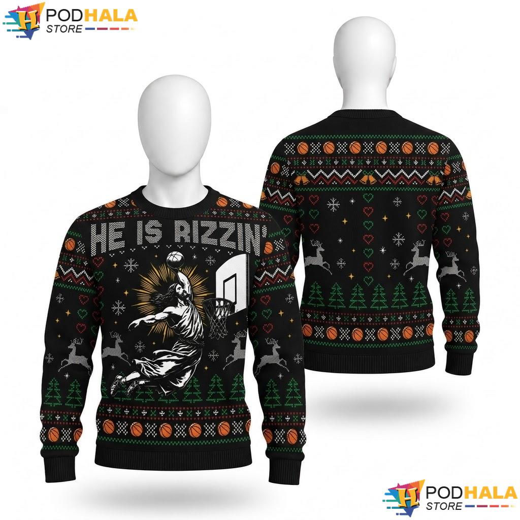 He Is Rizzin Ugly Christmas Sweater Funny Christian Religious Outfit