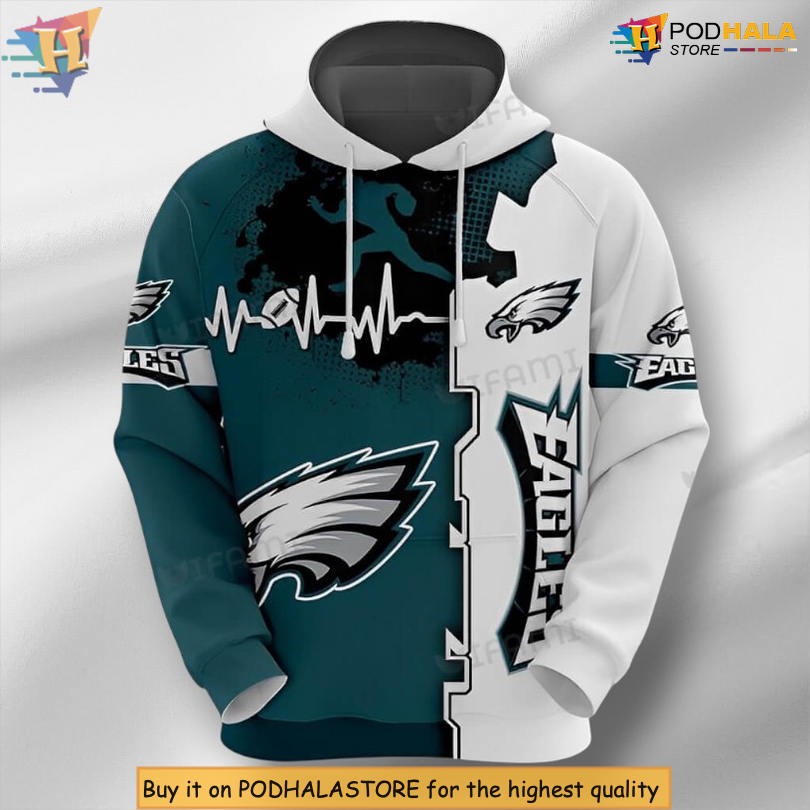 Heartbeat Football White Green Custom Philadelphia Eagles Hoodie 3D Apparel