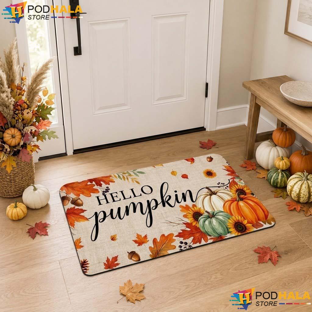 Hello Pumpkin Fall Doormat Vibrant Autumn Colorful Leaf Entrance Rug Decor
