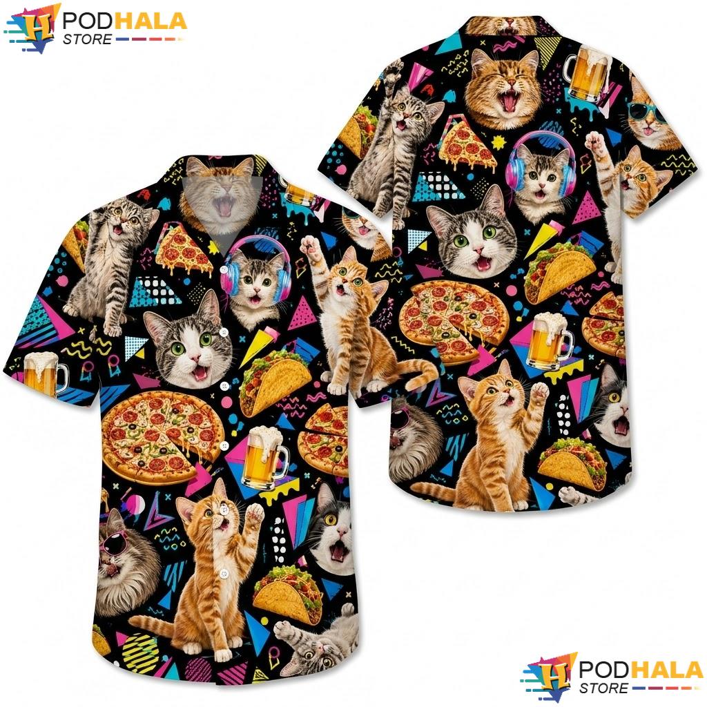 Hilarious Pizza Cat Aloha Shirt Vibrant Mens Short Sleeve Button Down