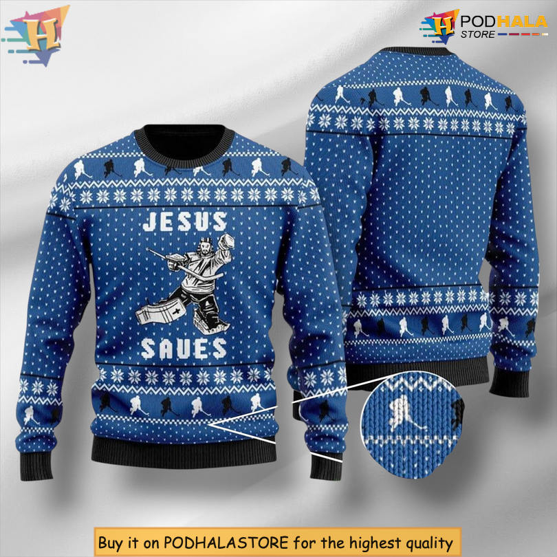 Hockey Jesus Saves Goalie Graphic Sports Team Holiday Christmas Sweater