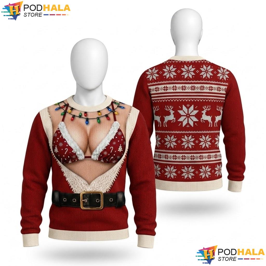 Holiday Chest Red Ugly Christmas Sweater Humorous Festive Lights Top