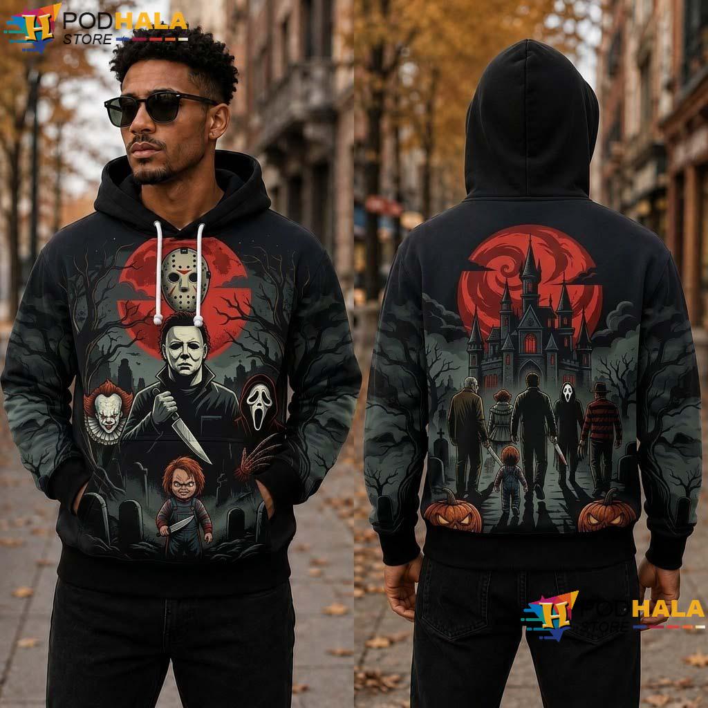 Horror Castle Halloween All Over Print Hoodie Vintage Scary Movie Character Apparel Horror Castle Halloween All Over Print Hoodie Vintage Scary Movie Character Apparel