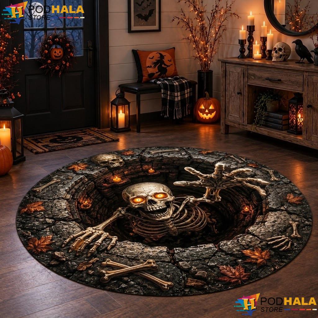 Horror Skeleton Illusion Halloween Round Area Rug 3D Spooky Living Room