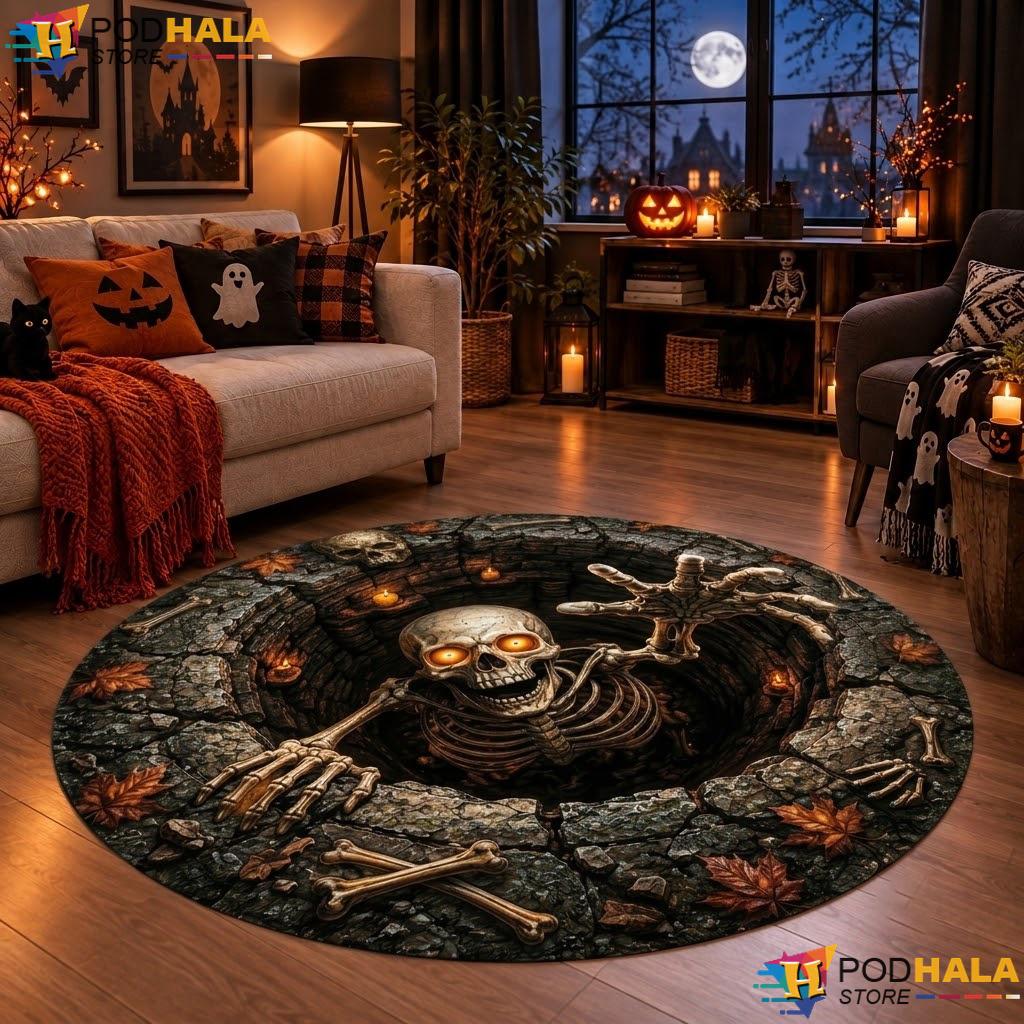 Horror Skeleton Illusion Halloween Round Area Rug 3D Spooky Living Room - View 1 Horror Skeleton Illusion Halloween Round Area Rug 3D Spooky Living Room - View 1