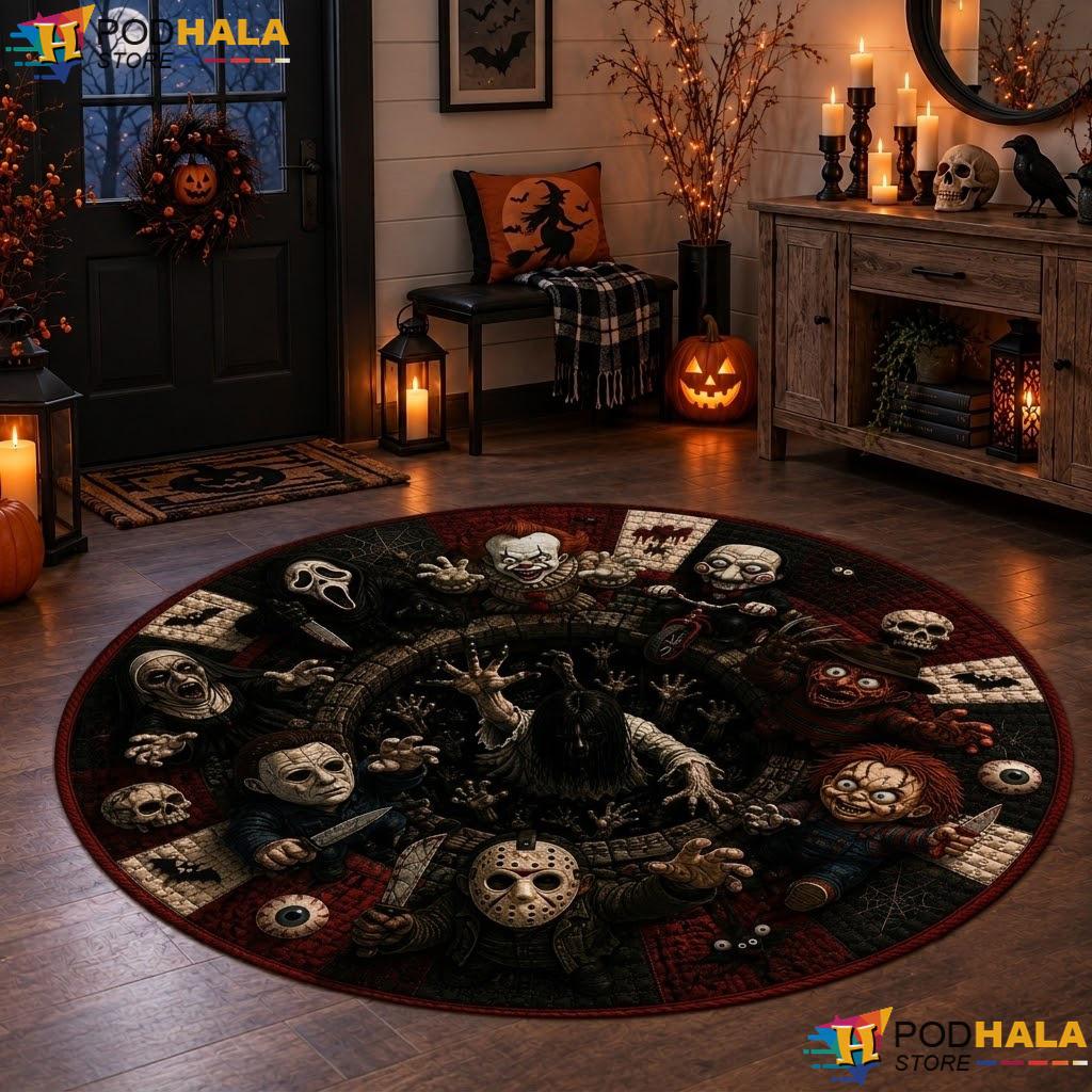 Horror Villains Clown Halloween Round Area Rug 3D Quilted Well Illusion