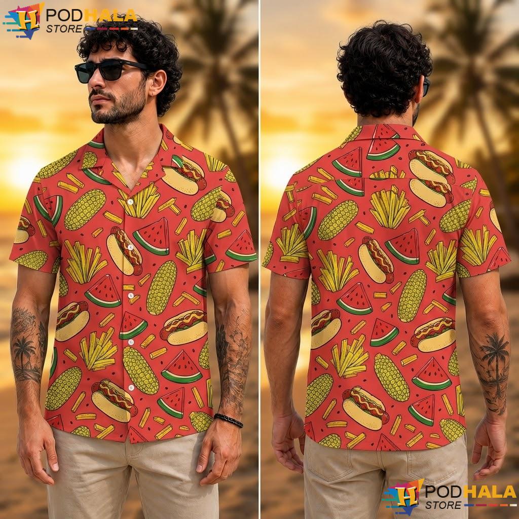 Hot Dog Fries Food Aloha Shirt Vibrant Graphic Summer Casual Top Hot Dog Fries Food Aloha Shirt Vibrant Graphic Summer Casual Top