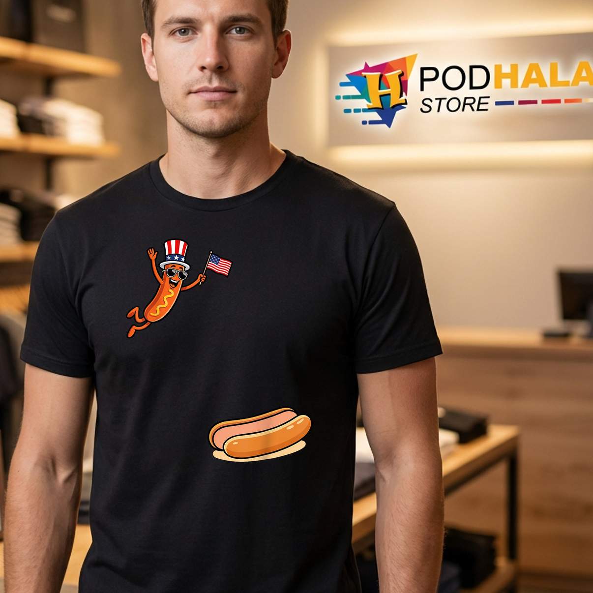 Hot Dog Jumping Bun Shirt Funny Freedom Dive Uncle Sam Graphic Mens Apparel