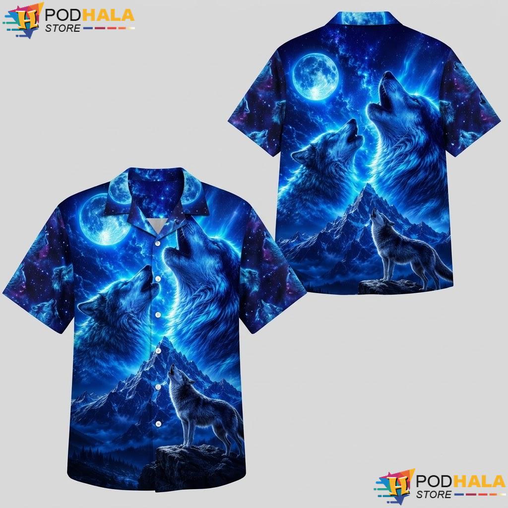 Howling Cosmic Wolf Aloha Shirt Blue Moon Graphic Mens Summer Apparel