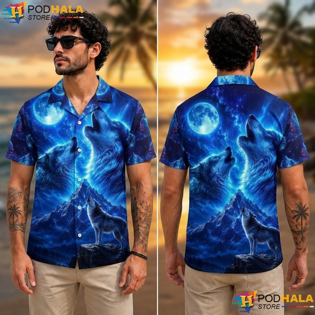 Howling Cosmic Wolf Tropical Shirt Blue Moon Graphic Mens Summer Apparel Howling Cosmic Wolf Tropical Shirt Blue Moon Graphic Mens Summer Apparel
