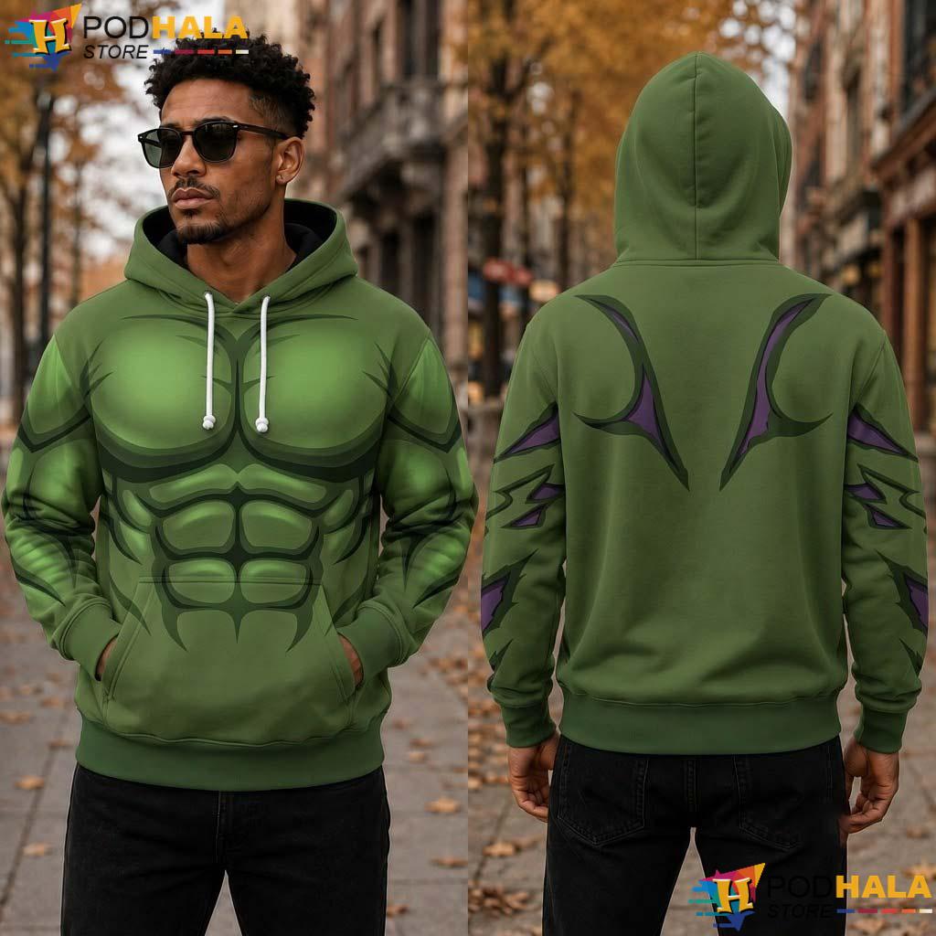 Hulk Superhero Cosplay All Over Print Hoodie Green Muscle Halloween Party Outfit Hulk Superhero Cosplay All Over Print Hoodie Green Muscle Halloween Party Outfit