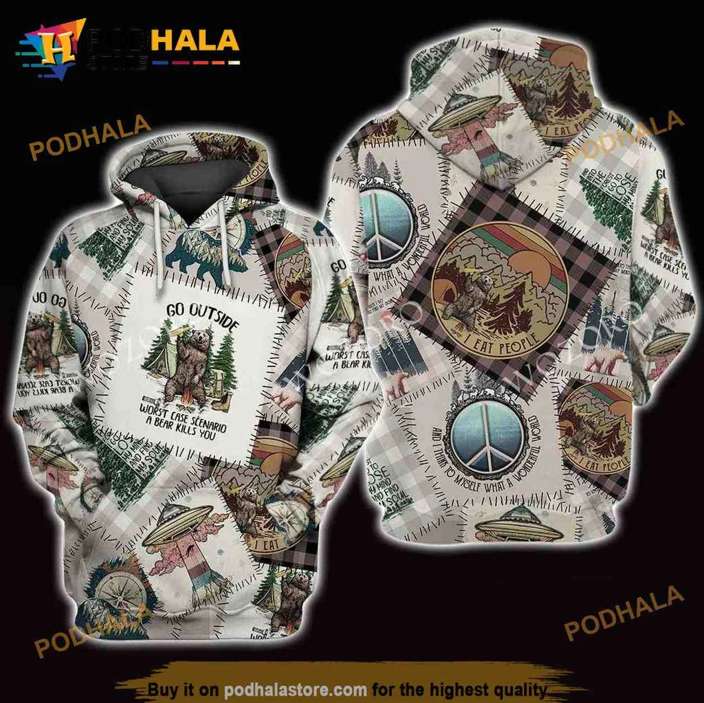 Humorous Bear Camping 3d Hoodie, Go Outside I Hate People Design