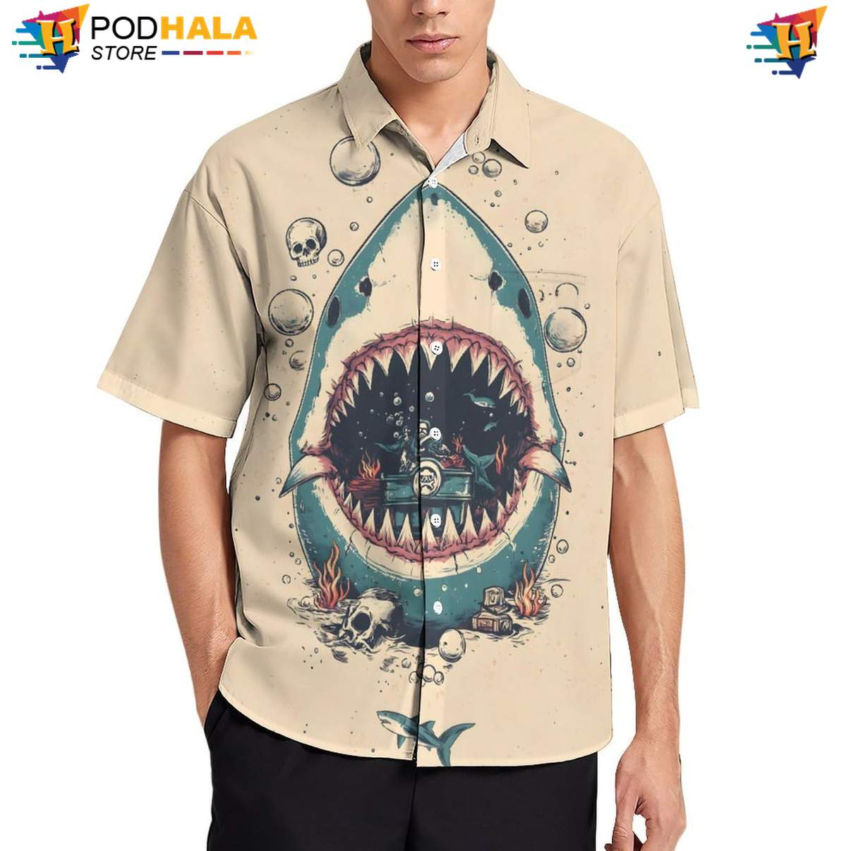 Humorous Shark Lover Hawaiian Shirt Great White Shark Print Button Down Shirt For Beach Fun