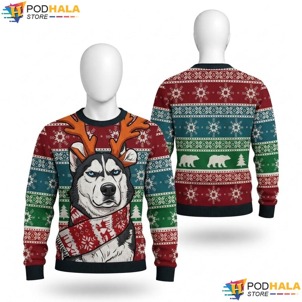 Husky Dog Ugly Christmas Sweater Playful Funny Holiday Gatherings Top