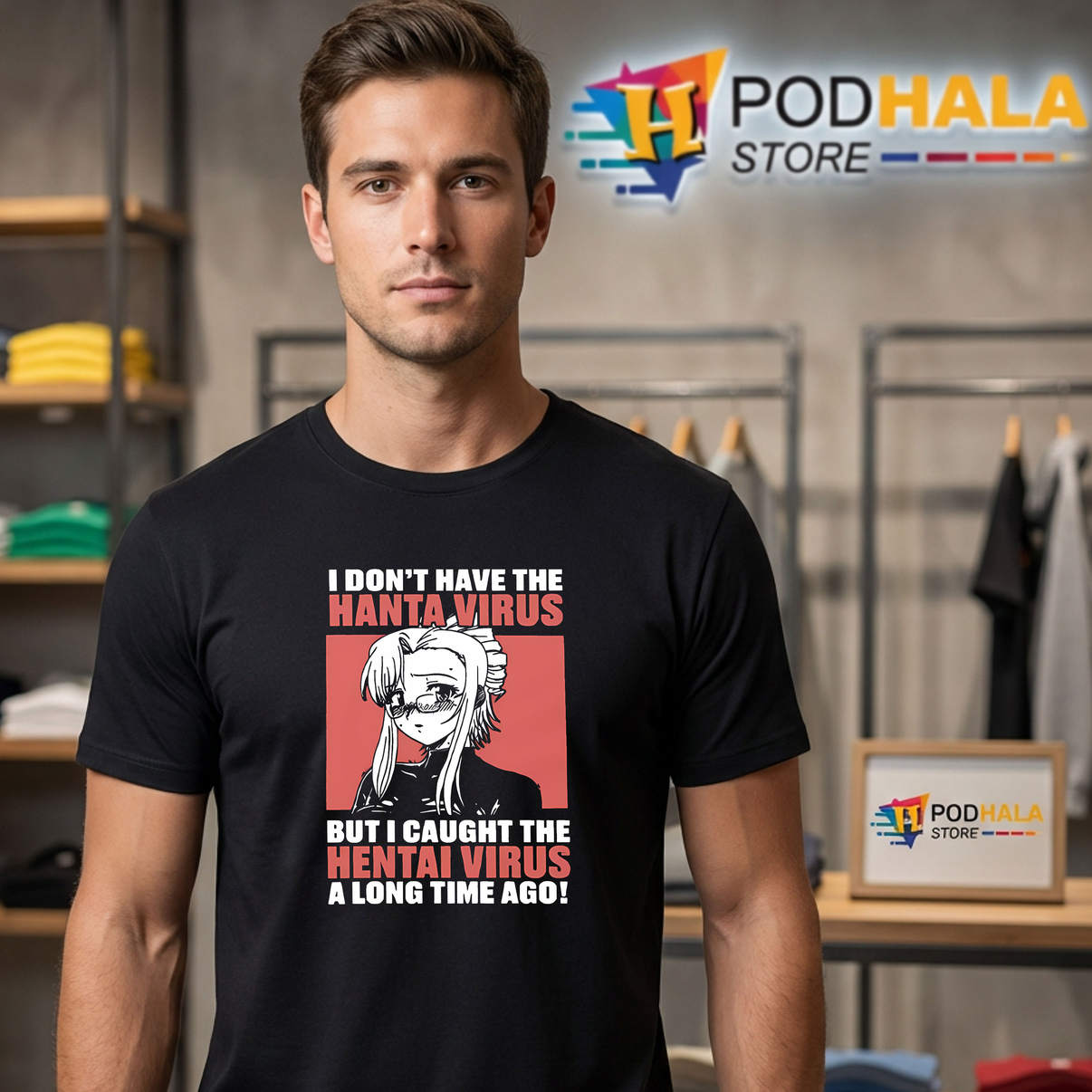 I Caught The Hentai Virus Meme Shirt Funny Anime Humor Graphic Casual Mens