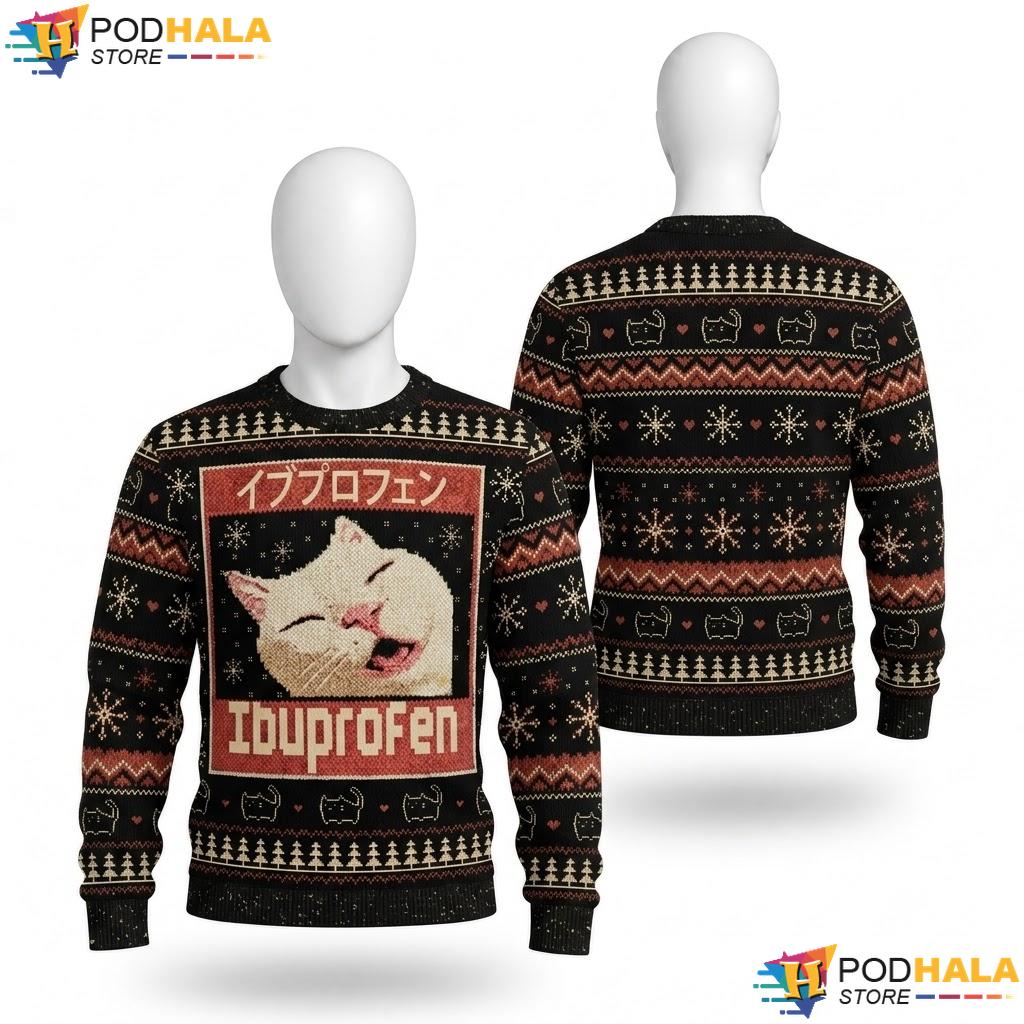 Ibuprofen Cat Meme Ugly Christmas Sweater Funny Feline Holiday Top