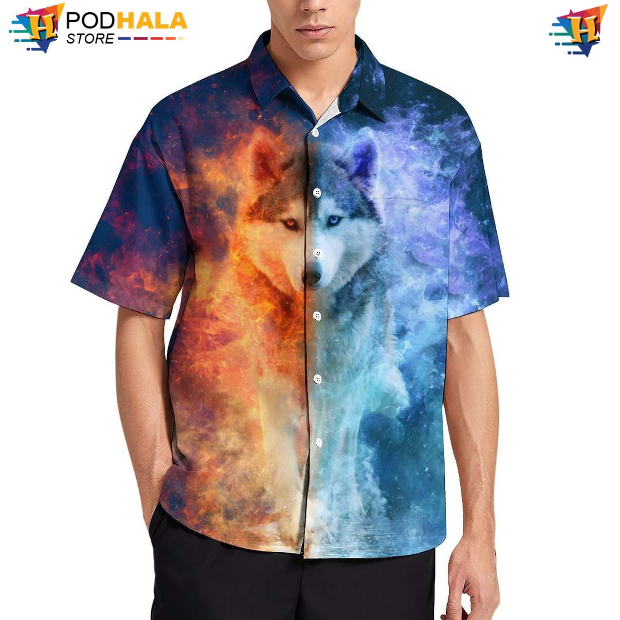 Ice Smoke Wolf Aloha Shirt Mens Cool Print Casual Graphic Tropical Gear Top