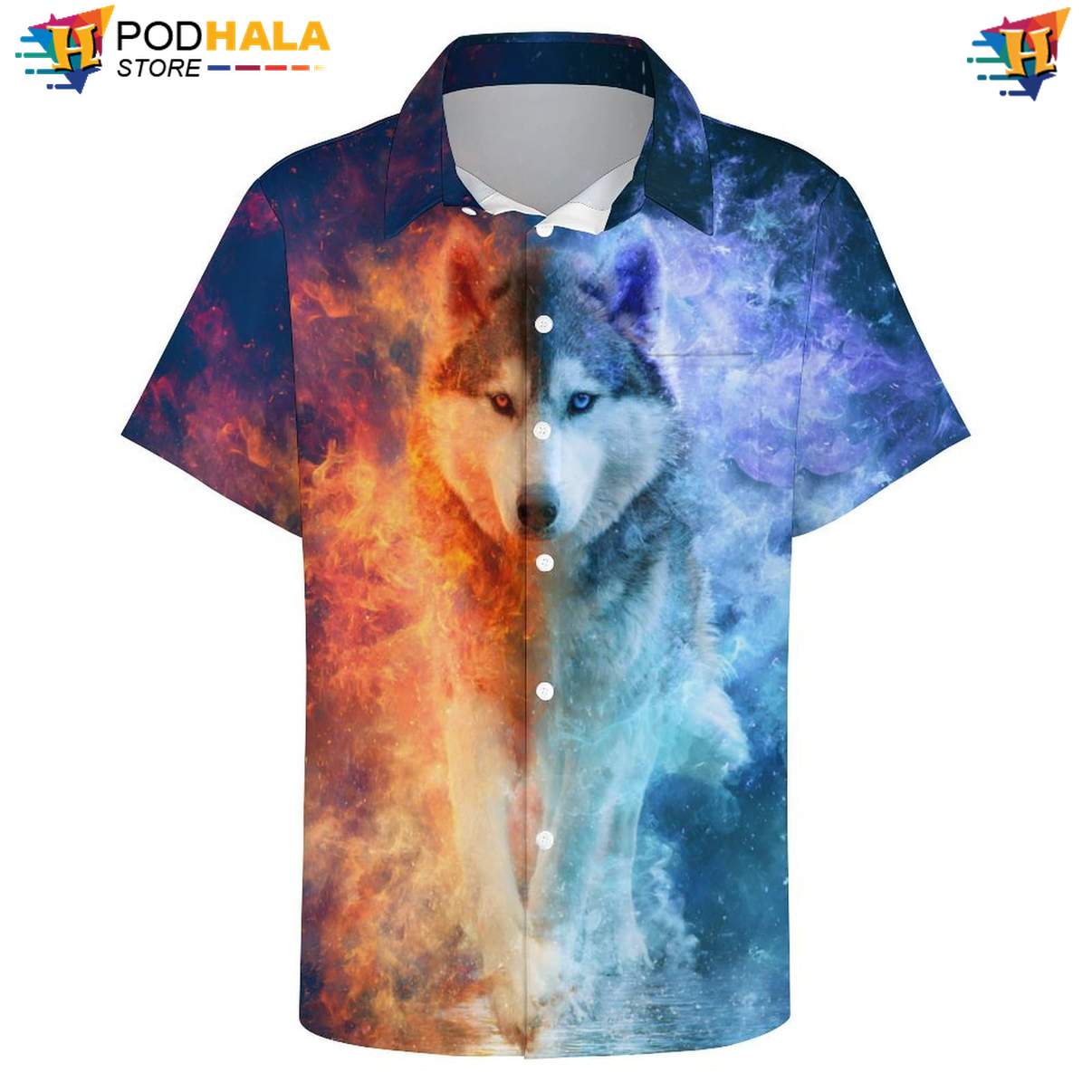 Ice Smoke Wolf Short-sleeve button-up shirt Mens Cool Print Casual Graphic Tropical Gear Top Ice Smoke Wolf Short-sleeve button-up shirt Mens Cool Print Casual Graphic Tropical Gear Top