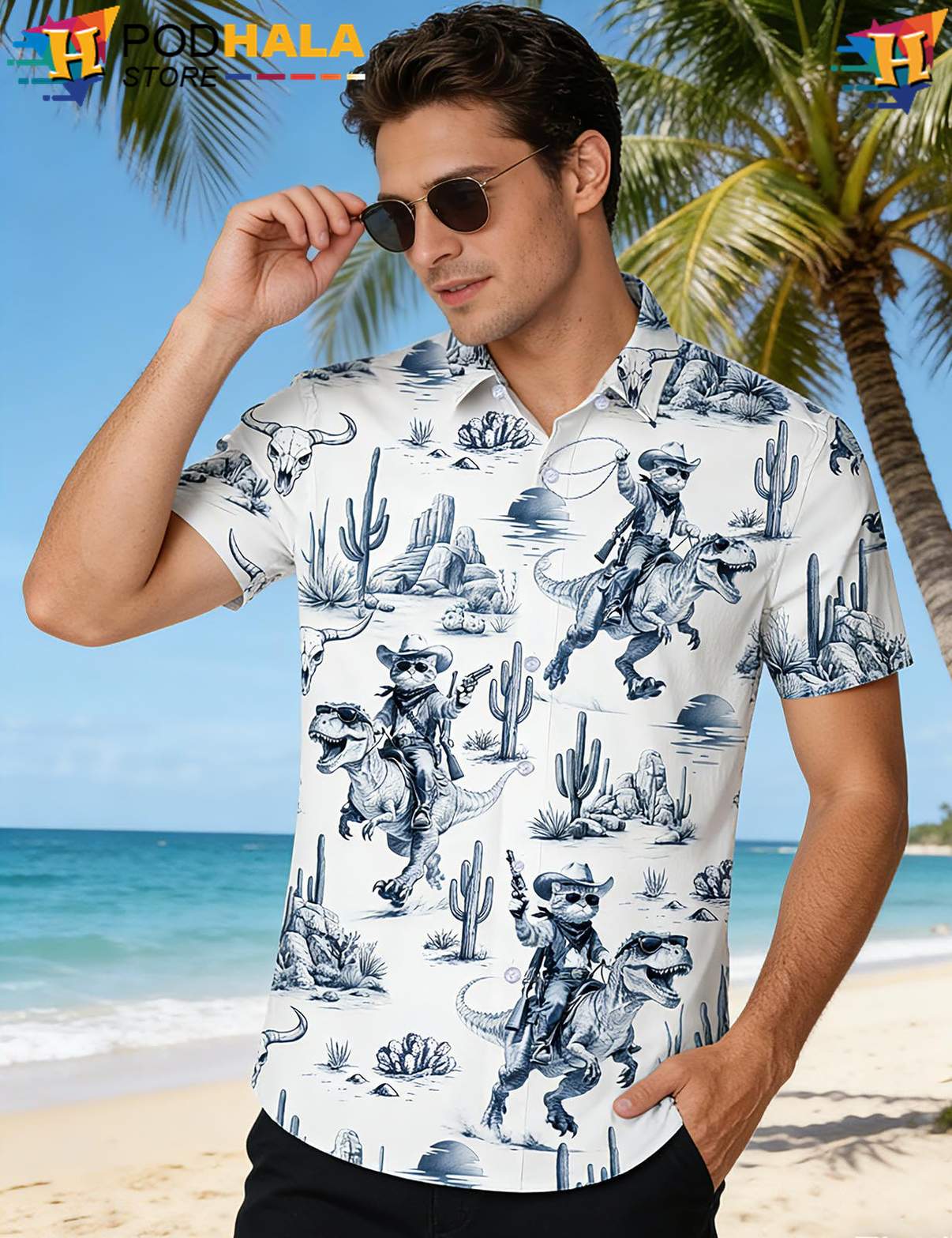 Indigo White Cowboy Aloha Shirt Western Mens Summer Beach Dress Apparel