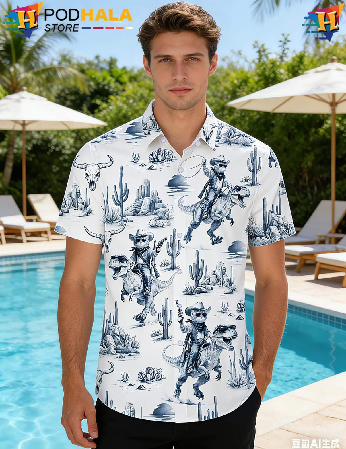 Indigo White Cowboy Tropical Shirt Western Mens Summer Beach Dress Apparel Indigo White Cowboy Tropical Shirt Western Mens Summer Beach Dress Apparel