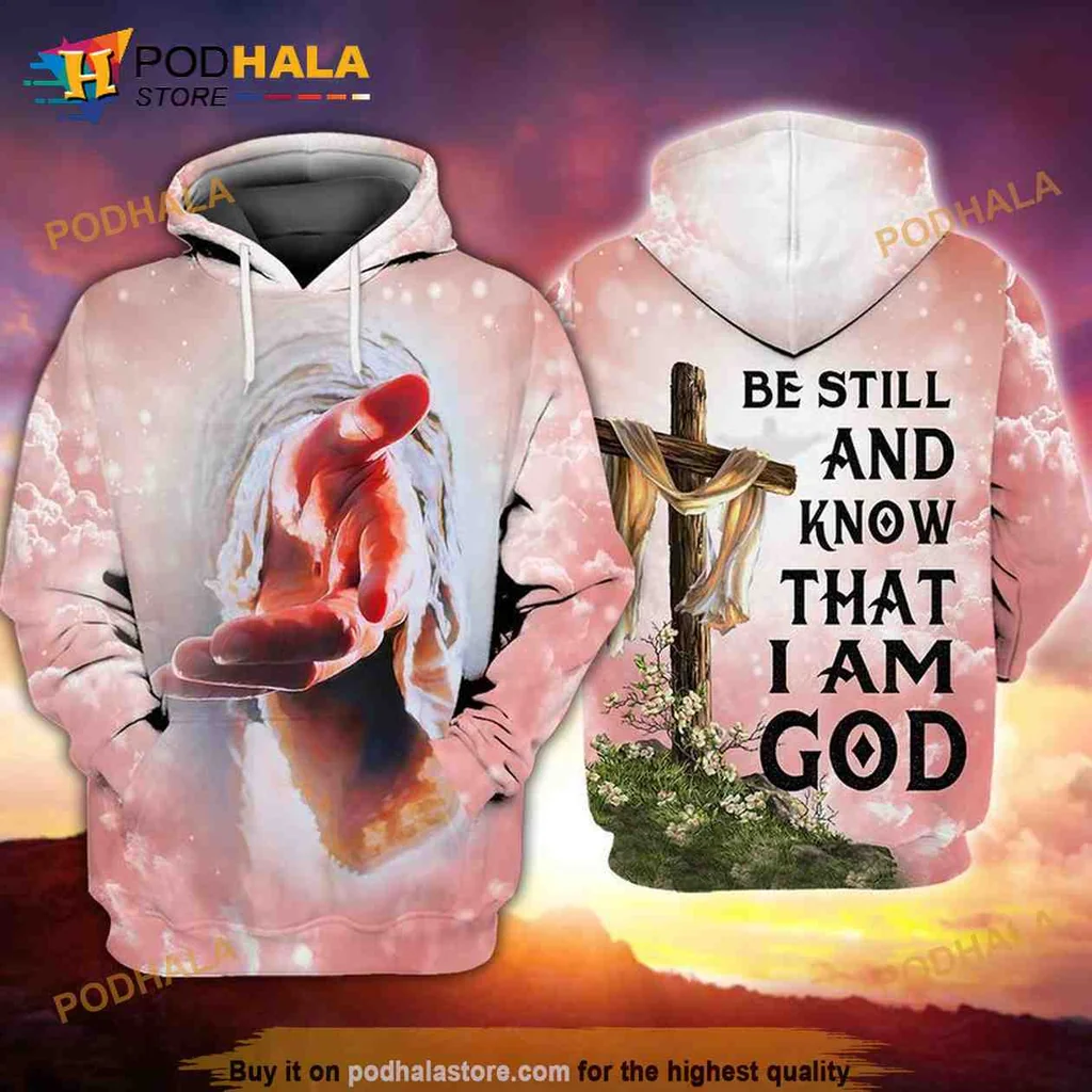 Inspirational Be Still Hoodie With Divine Hand And Floral Cross Design