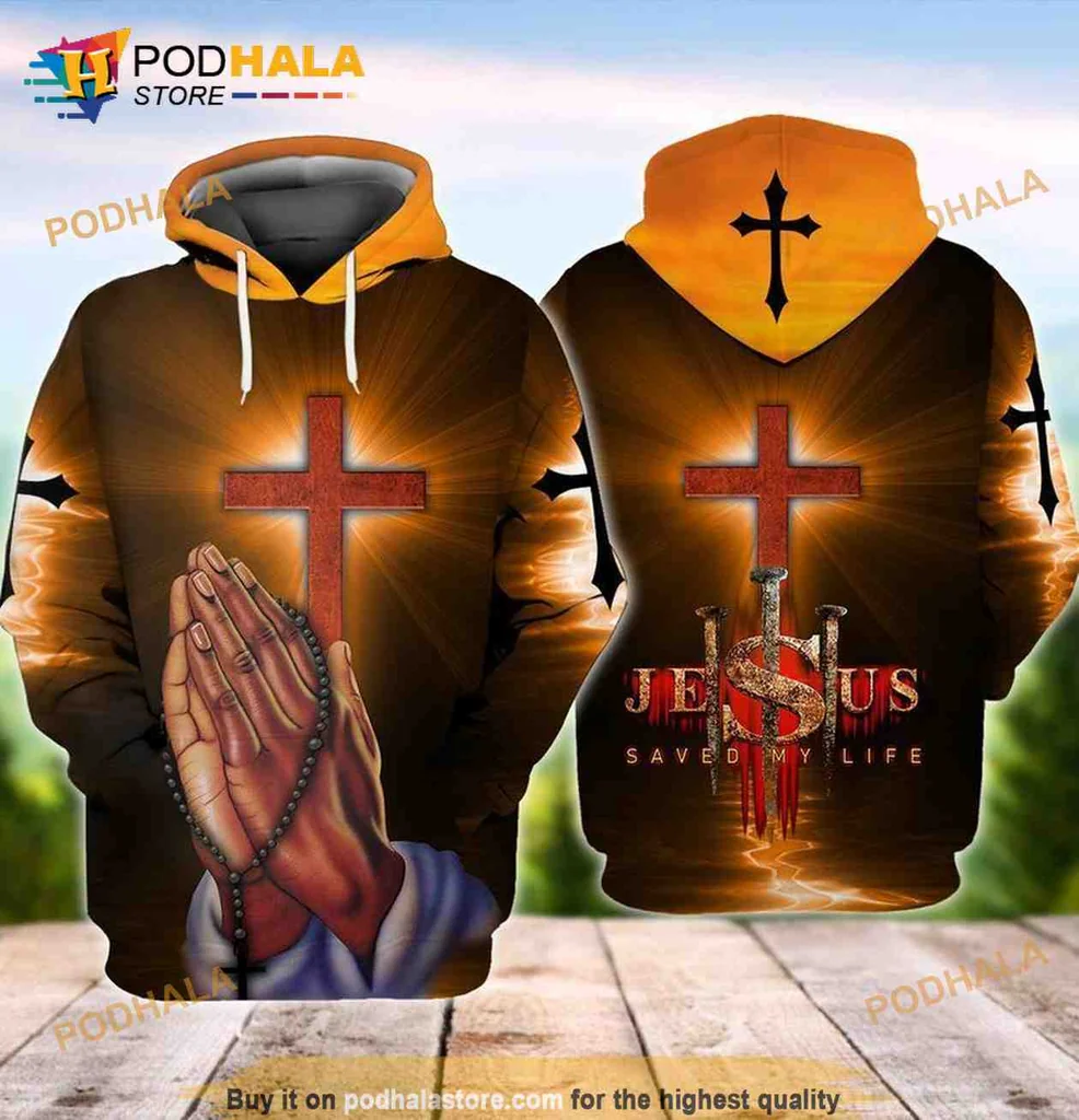 Inspirational Jesus Saved My Life Hoodie With Praying Hands And Crosses