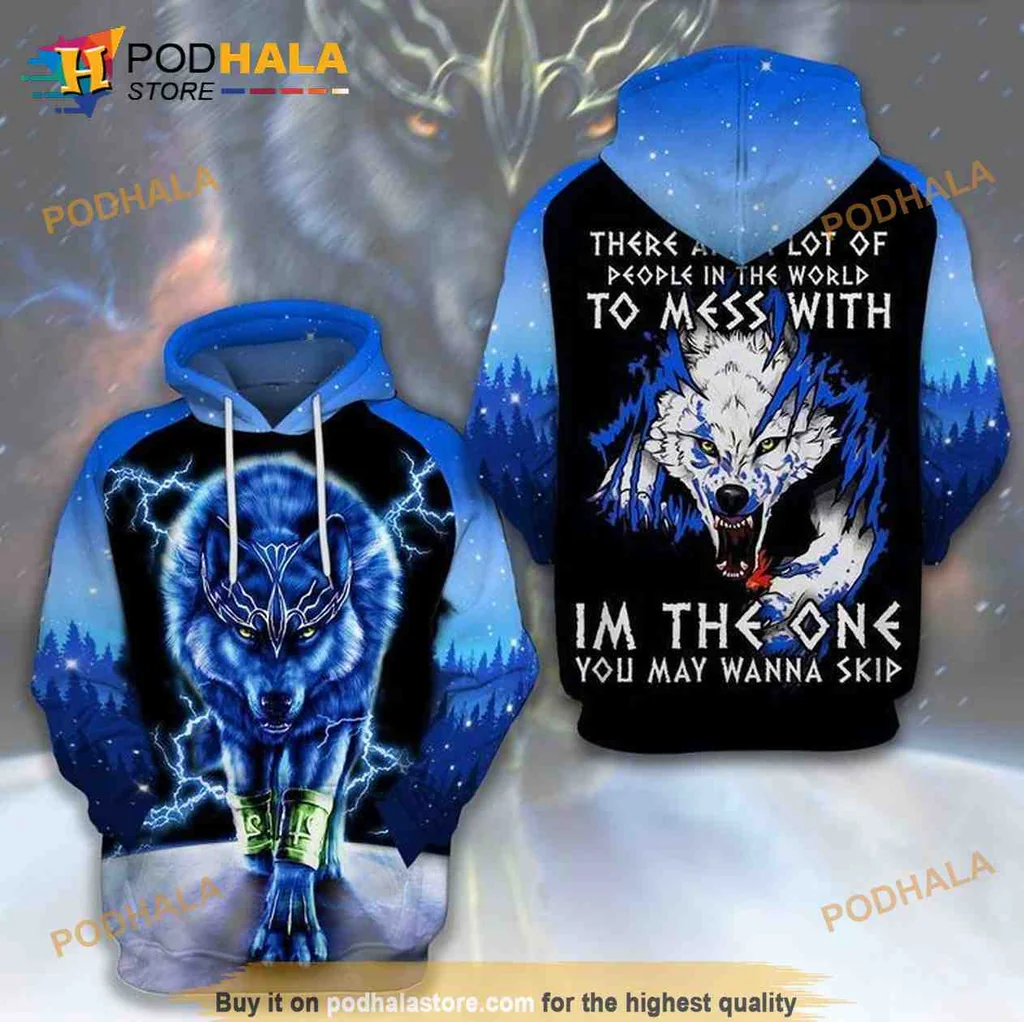 Intense Wolf 3d Hoodie With Glowing Blue Eyes And Dark Forest Design