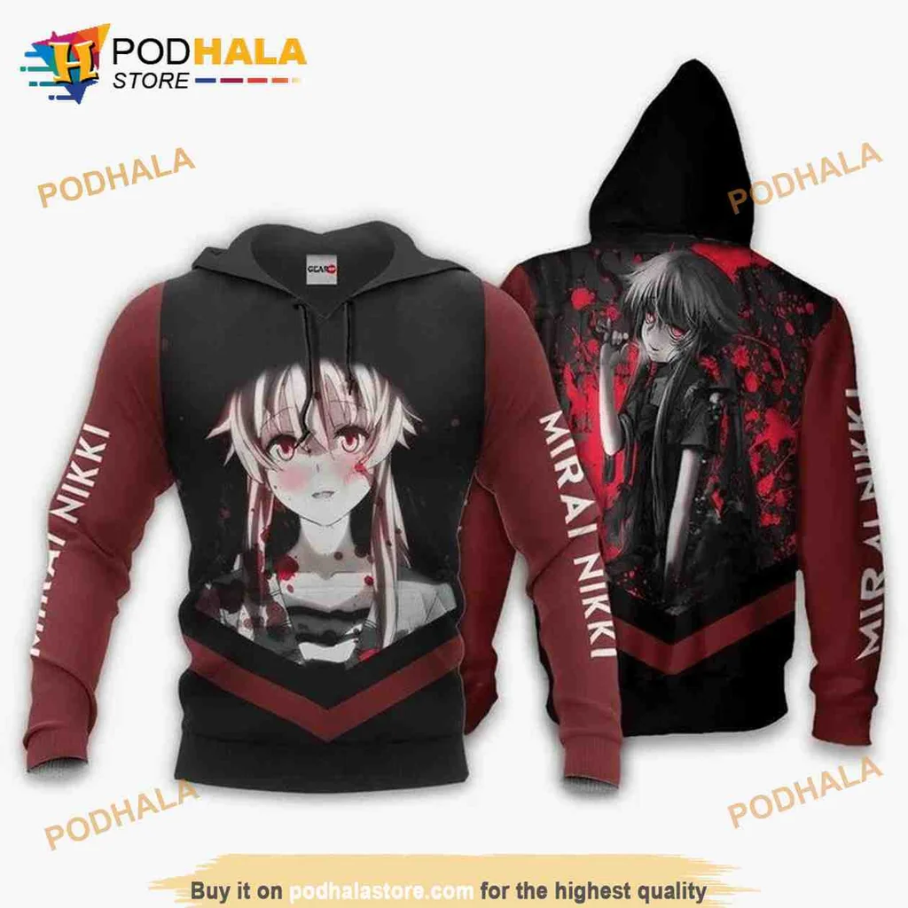 Intense Yuno Gasai Mirai Nikki 3d Hoodie With Dramatic Anime Character Design
