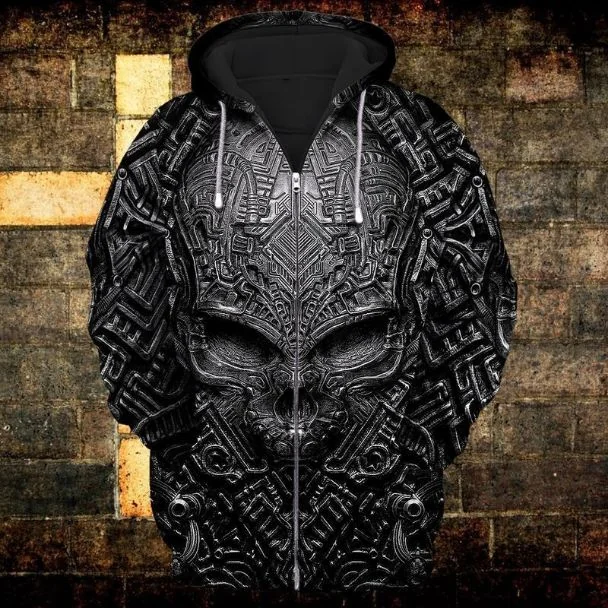 Intricate Black Skull 3d Hoodie Sweatshirt With Cybernetic Design