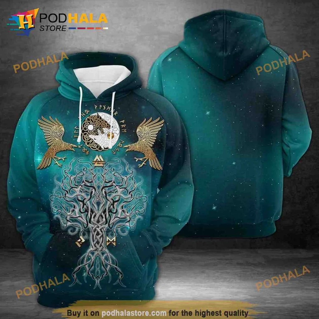 Intricate Yggdrasil 3d Hoodie Featuring Majestic Eagles And Starry Background