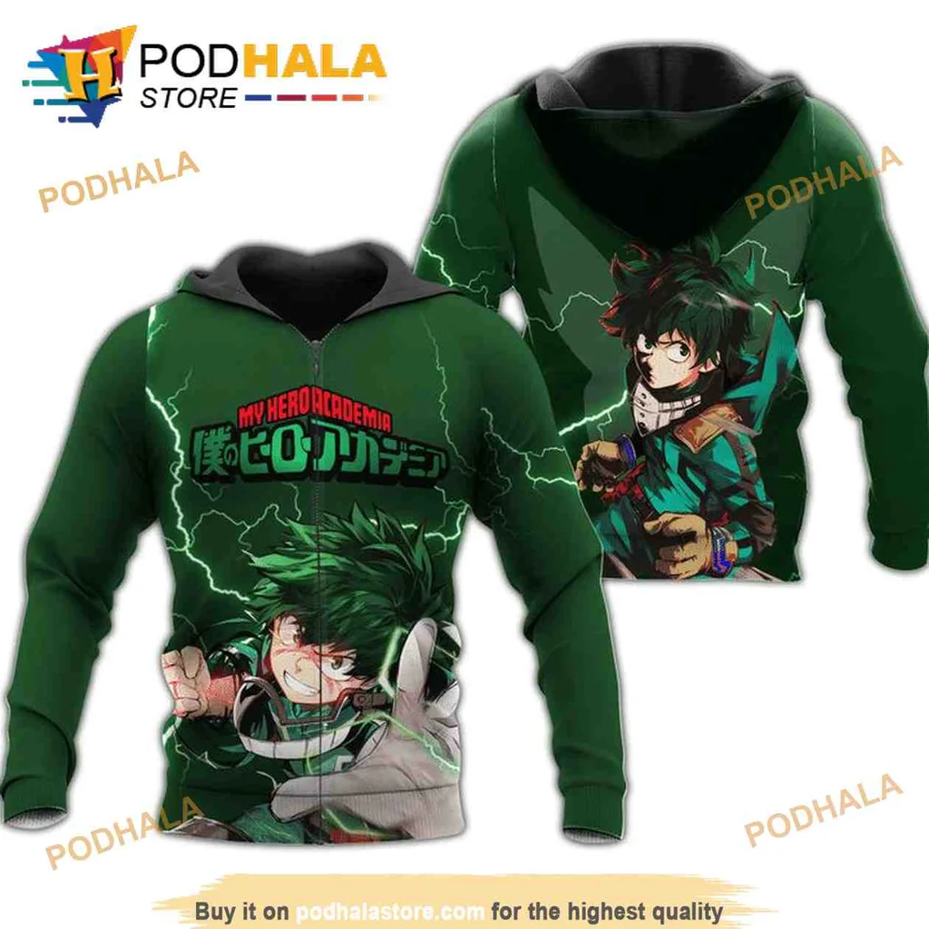 Izuku Midoriya Deku 3d Hoodie With Dynamic Green Lightning Design