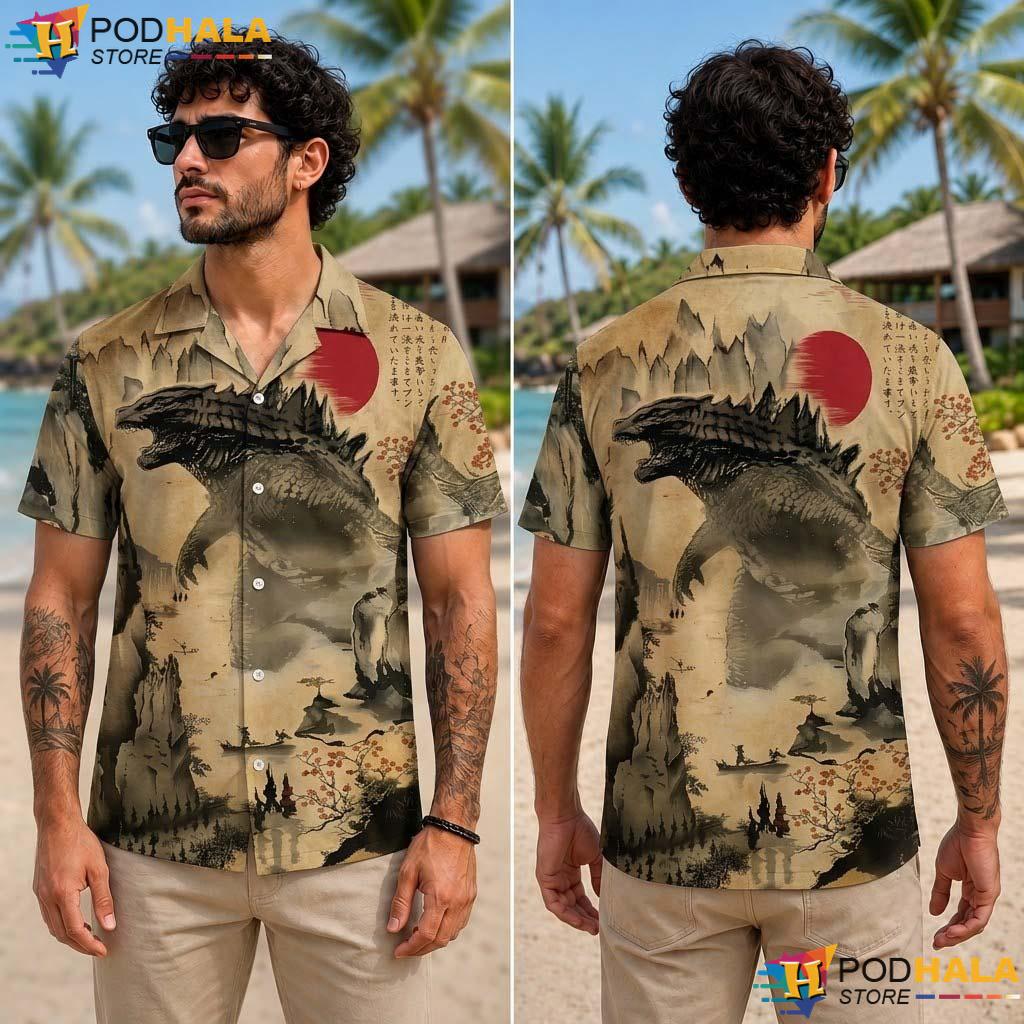Japanese Kaiju Halloween Aloha Shirt Vintage Art Samurai Party Top Japanese Kaiju Halloween Aloha Shirt Vintage Art Samurai Party Top