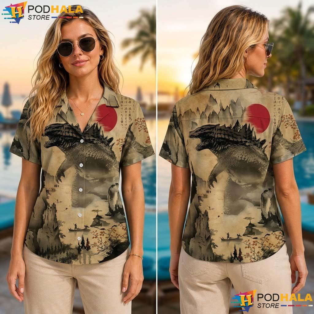Japanese Kaiju Halloween Tropical Shirt Vintage Art Samurai Party Top Japanese Kaiju Halloween Tropical Shirt Vintage Art Samurai Party Top