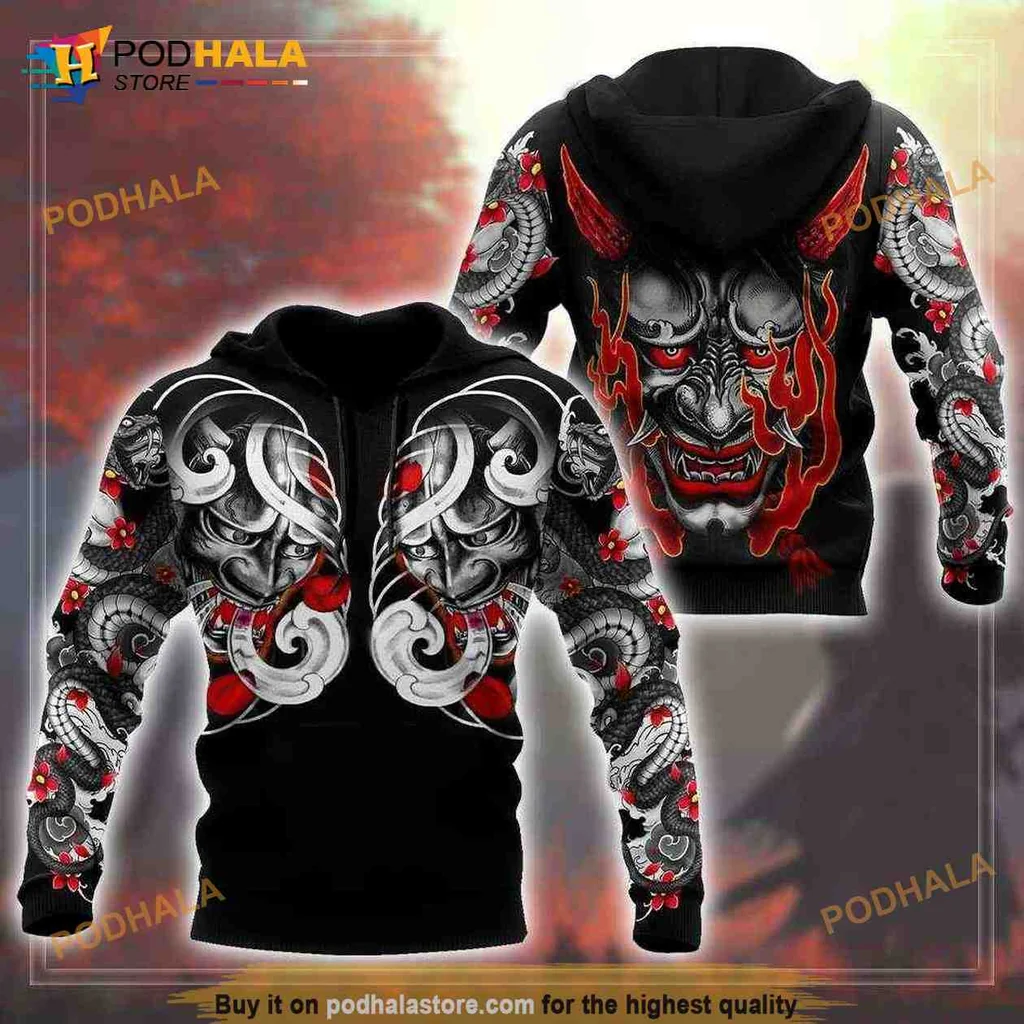 Japanese Oni Mask 3d Hoodie With Bold Red Accents