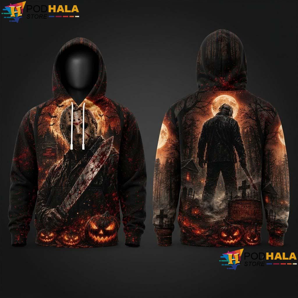 Jason Pumpkin Halloween AOP Hoodie Horror Knife Crystal Lake Spooky Gift