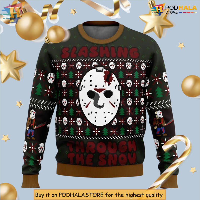 Jason Voorhees Slashing Through The Snow Scene Creepy Holiday Christmas Sweater