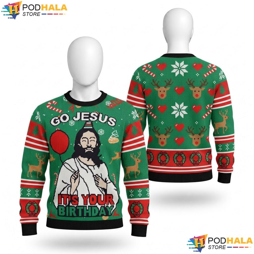 Jesus Birthday Festive Green Sweater Cool Reindeer Balloons Holiday Top