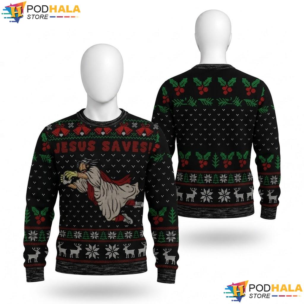 Jesus Saves Football Goalkeeper Ugly Christmas Sweater Funny Goal Top