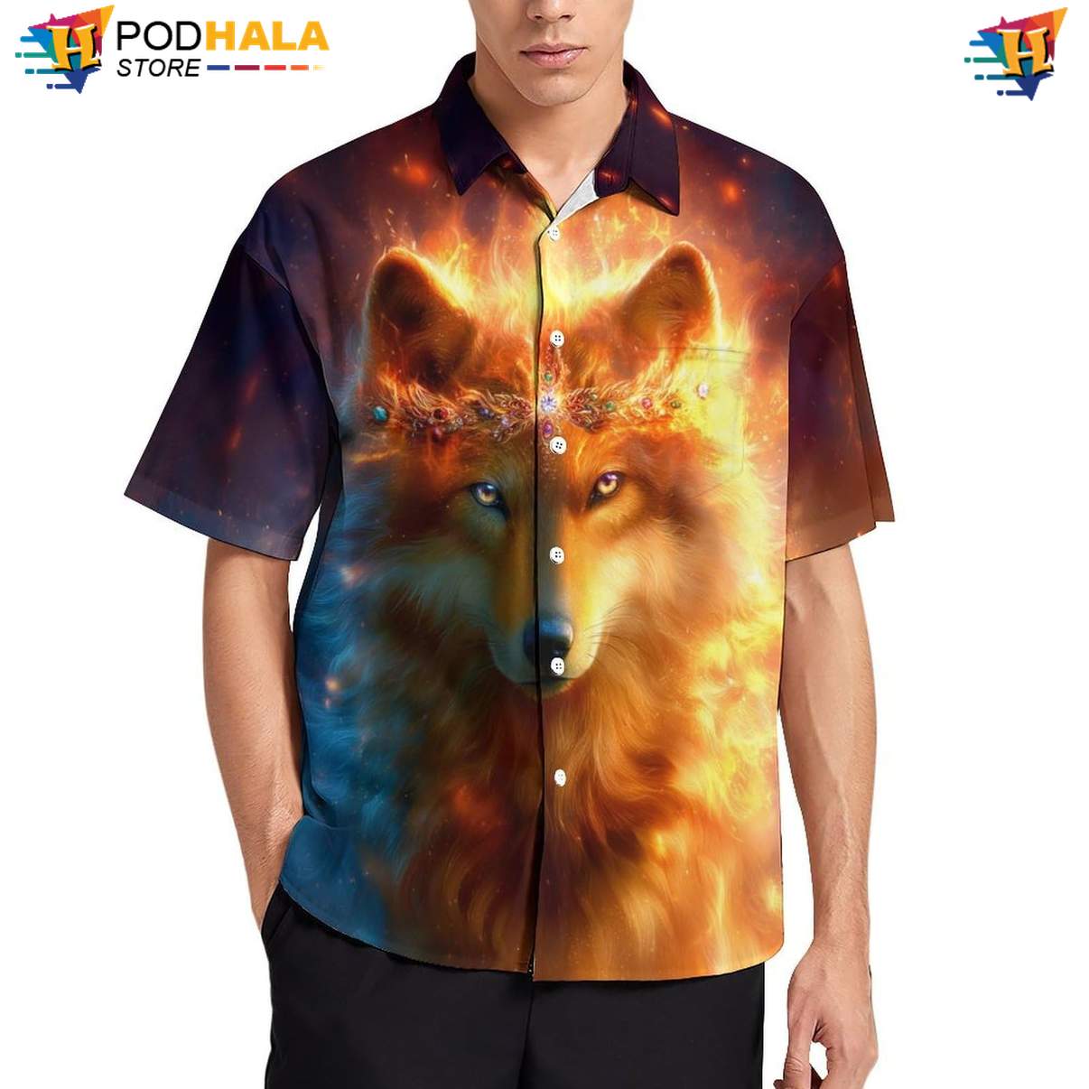 Jewel Wolf Hawaiian Shirt Mens Cool Print Casual Graphic Vacation Island Gear